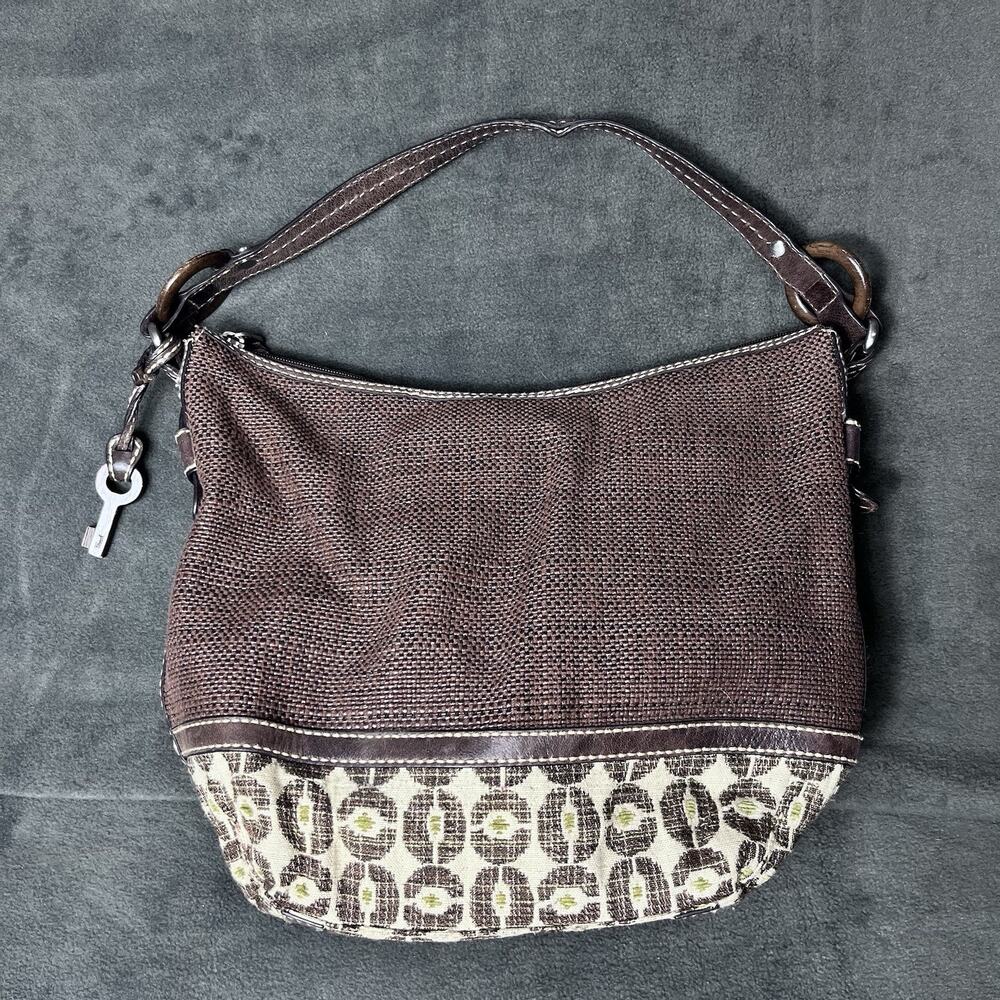 FOSSIL Woven Brown Textile / Leather Curved Hobo Shoulder Bag